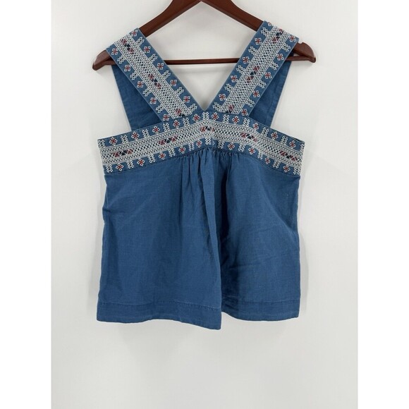 Madewell Embroidered Siesta Linen Blend Chambray Blue Smock Tank Top Size 4 EUC - Picture 3 of 13